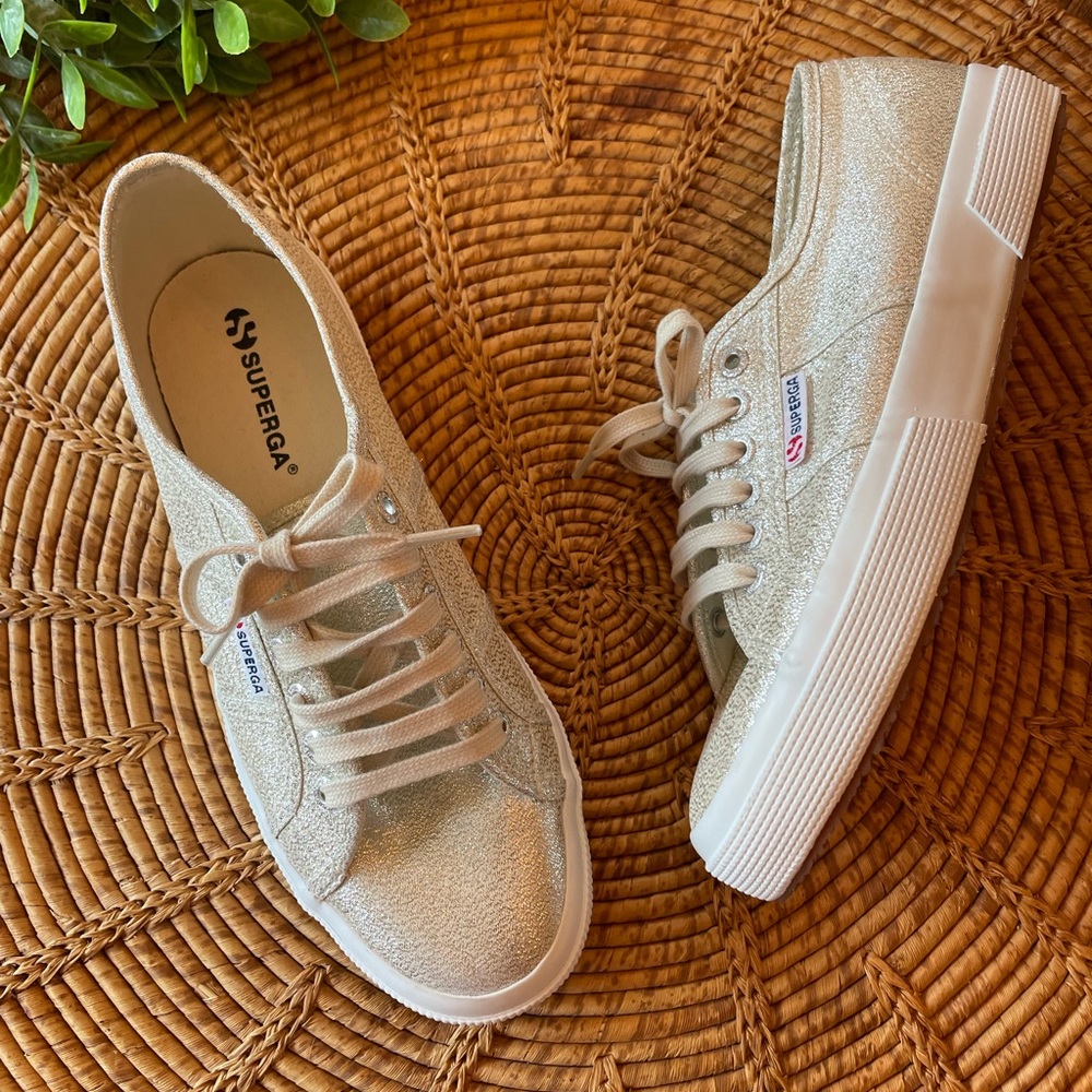{SUPERGA} Gold Metallic Lace Up Platform Sneakers